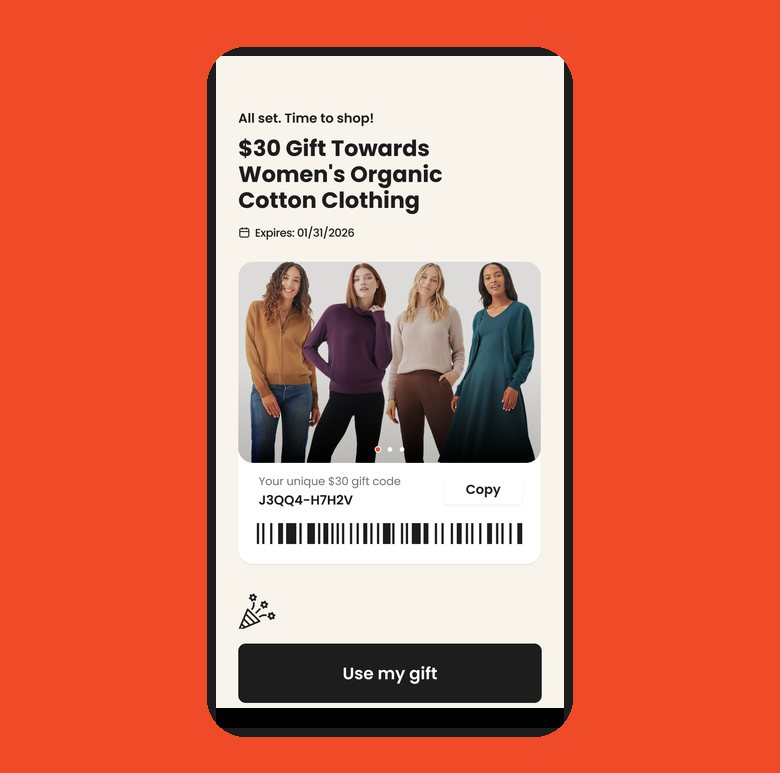 A Nift gift certificate: a $30 gift code with a barcode and a Use my gift button